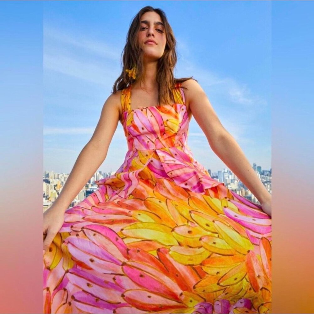 FARM Rio Mid Dress L Ombre Bananas Crossed Back Dress Tropical Summer - Picture 4 of 16